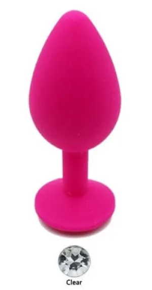 0480AE  Soft Silicone Butt Plug, Medium Hot Pink Plug, Rhinestone Crystal  - LAST CHANCE - Final Closeout!