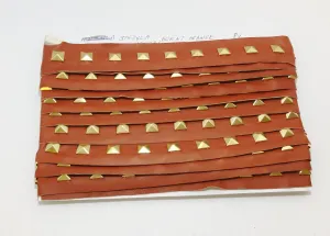 1 YD of 1-1/2" wide Genuine Lamb Leather Trim with Gold Square Pyramid Nailheads edge binding; top stitch; Burnt Orange 3757XLA