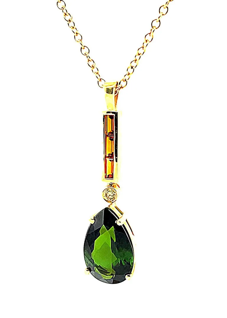 10.77 Carat Green Tourmaline Pear, Citrine and Diamond Yellow Gold Pendant