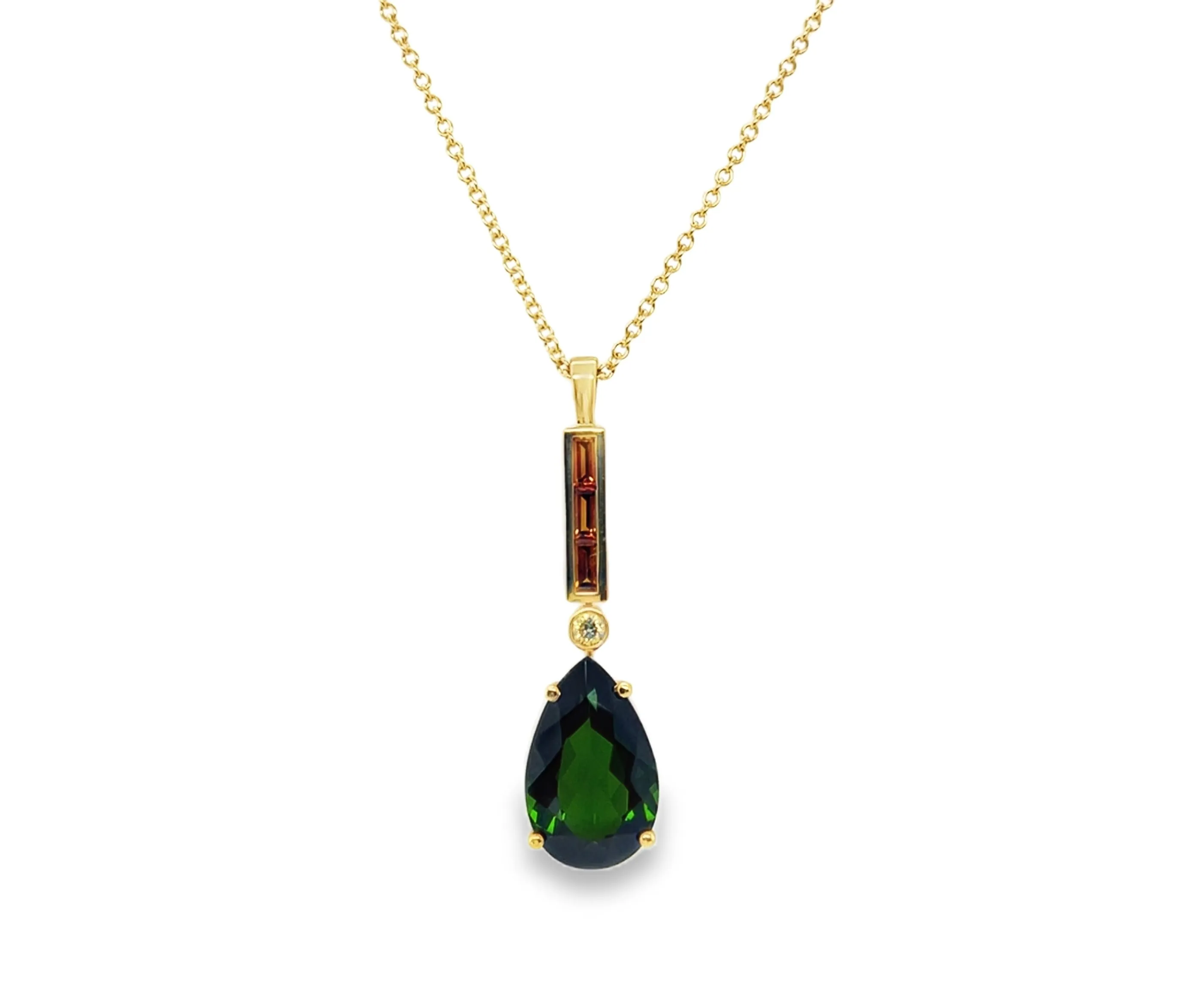 10.77 Carat Green Tourmaline Pear, Citrine and Diamond Yellow Gold Pendant