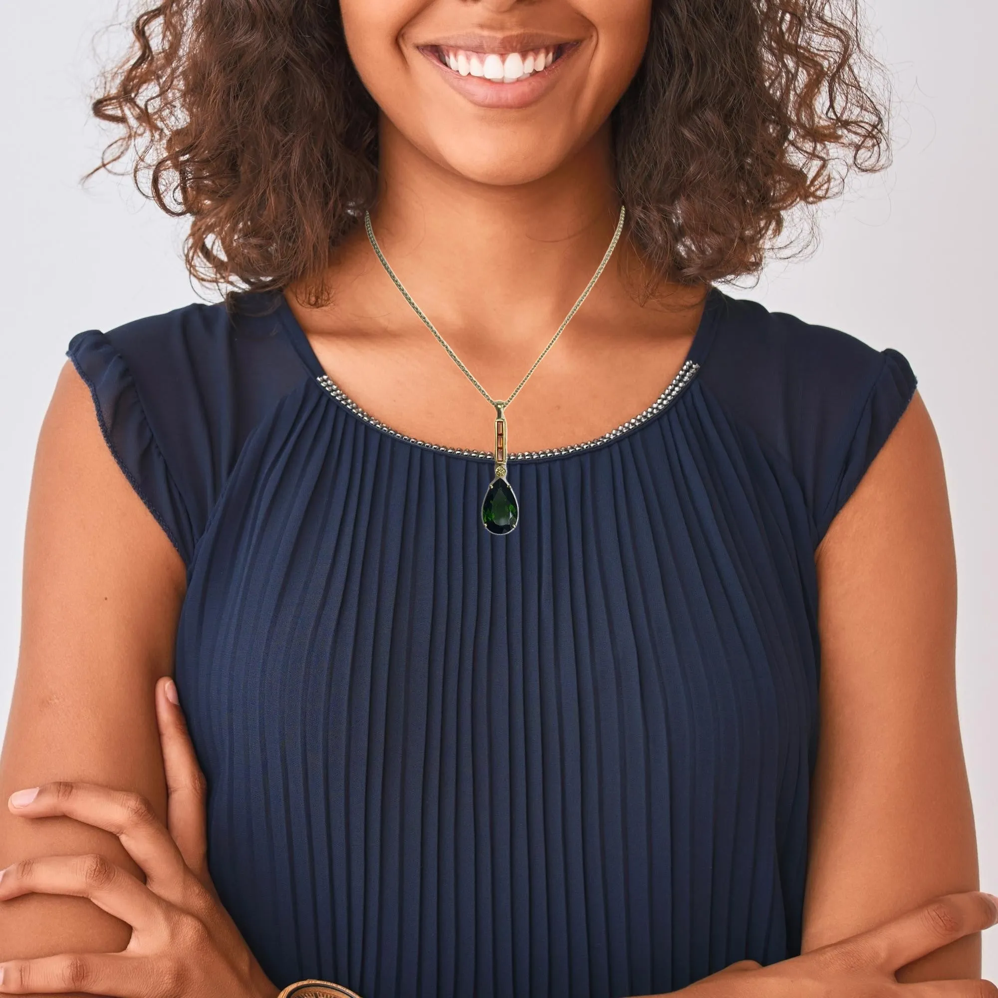 10.77 Carat Green Tourmaline Pear, Citrine and Diamond Yellow Gold Pendant