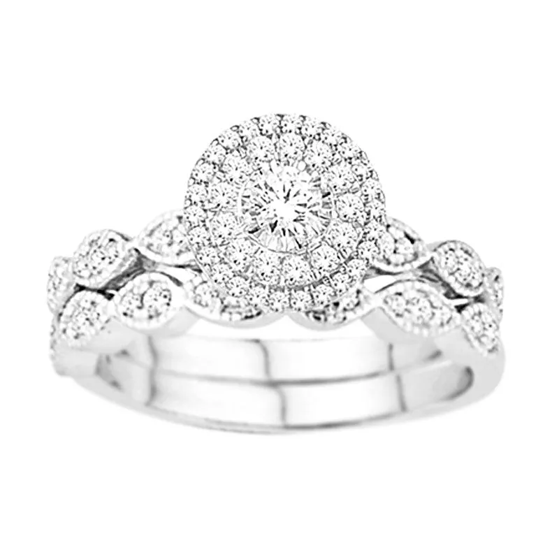10k White Gold 0.50TDW Diamond Art Deco Halo Wedding Set