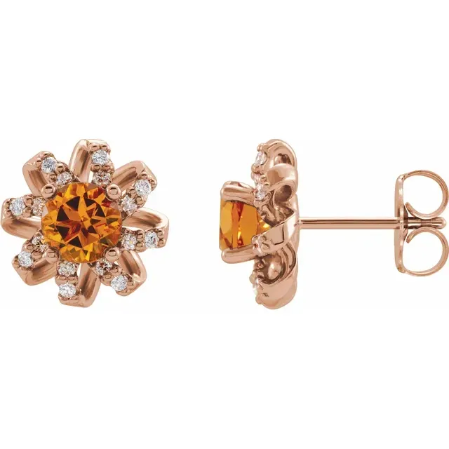 14K Rose Citrine & 1/6 CTW Diamond Halo-Style Earrings