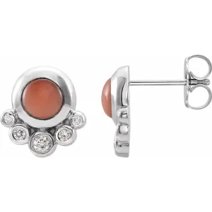14K White Cabochon Pink Coral & 1/8 CTW Diamond Earrings