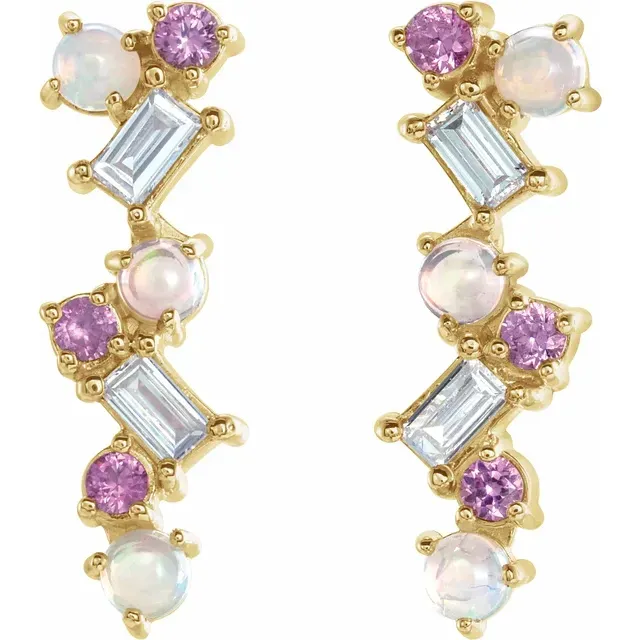 14K Yellow Ethiopian Opal, Pink Sapphire & 1/10 CTW Diamond Scattered Bar Earrings