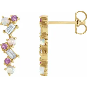 14K Yellow Ethiopian Opal, Pink Sapphire & 1/10 CTW Diamond Scattered Bar Earrings