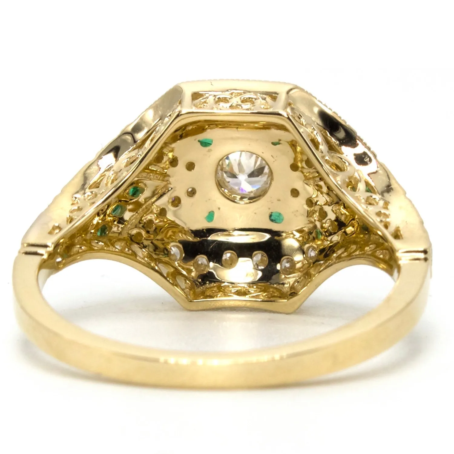 14K Yellow Gold 0.11 Carat European Cut Diamond and Emerald Accented Art Deco Style Ring