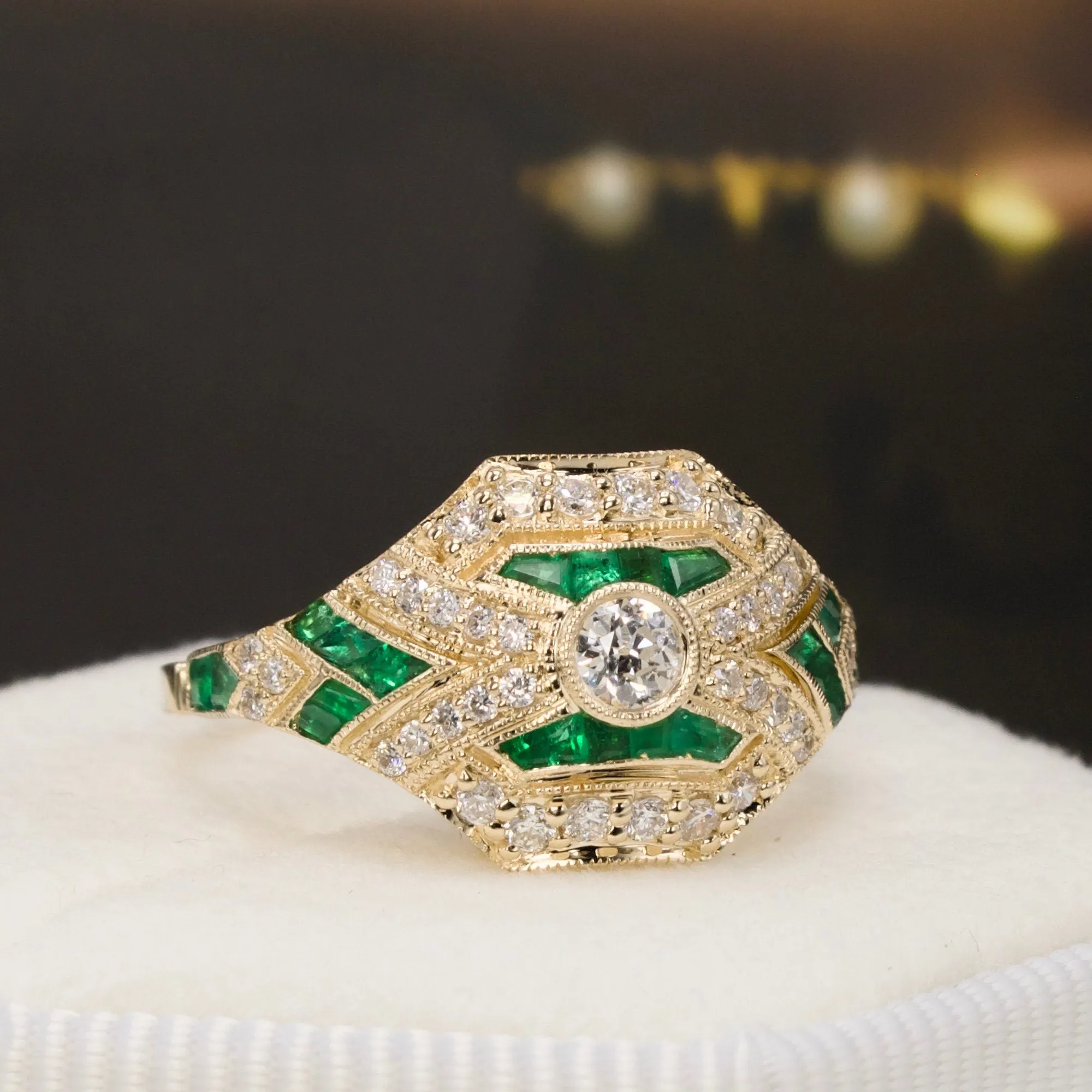 14K Yellow Gold 0.11 Carat European Cut Diamond and Emerald Accented Art Deco Style Ring