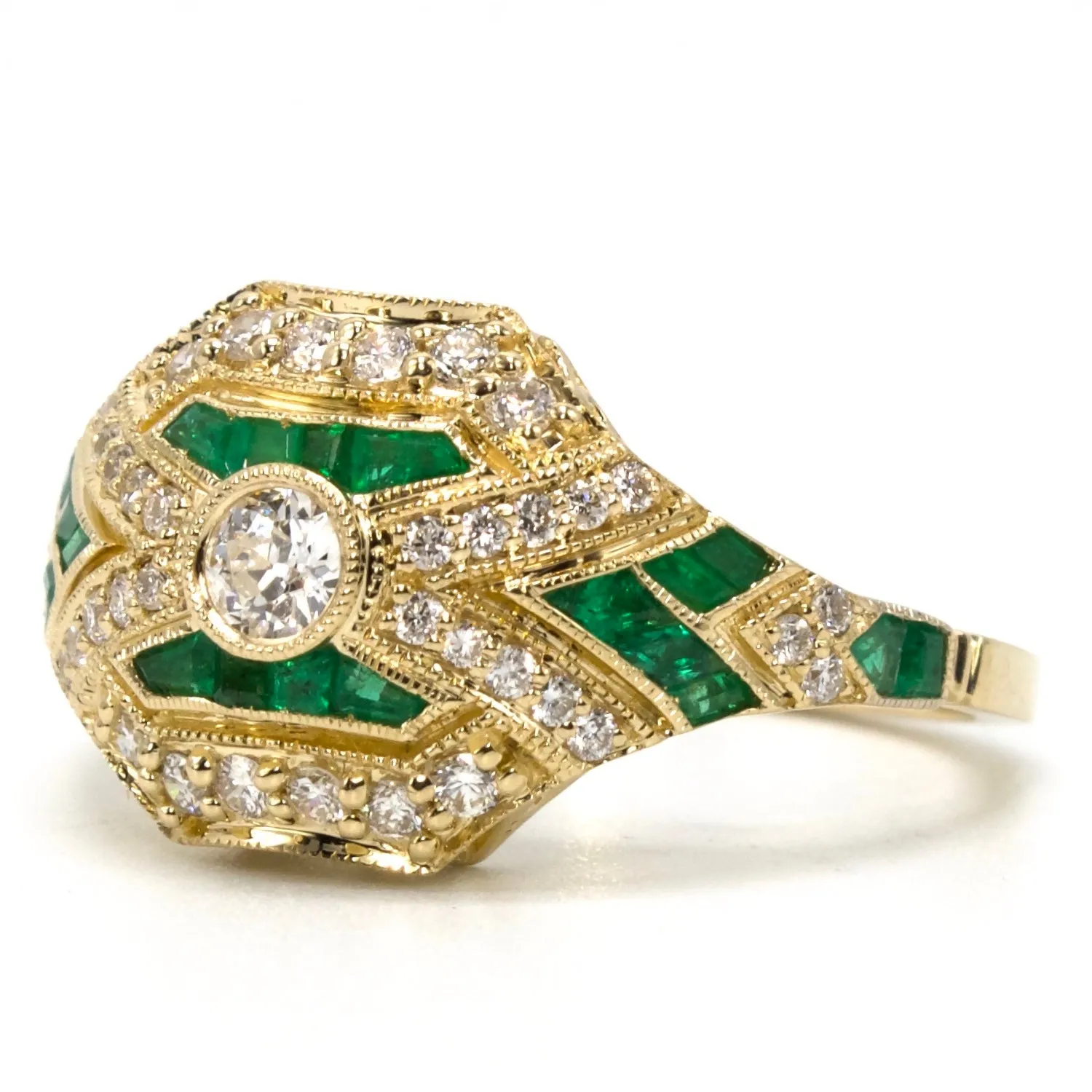 14K Yellow Gold 0.11 Carat European Cut Diamond and Emerald Accented Art Deco Style Ring