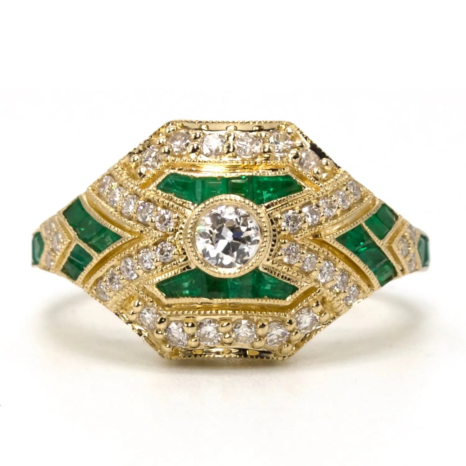 14K Yellow Gold 0.11 Carat European Cut Diamond and Emerald Accented Art Deco Style Ring