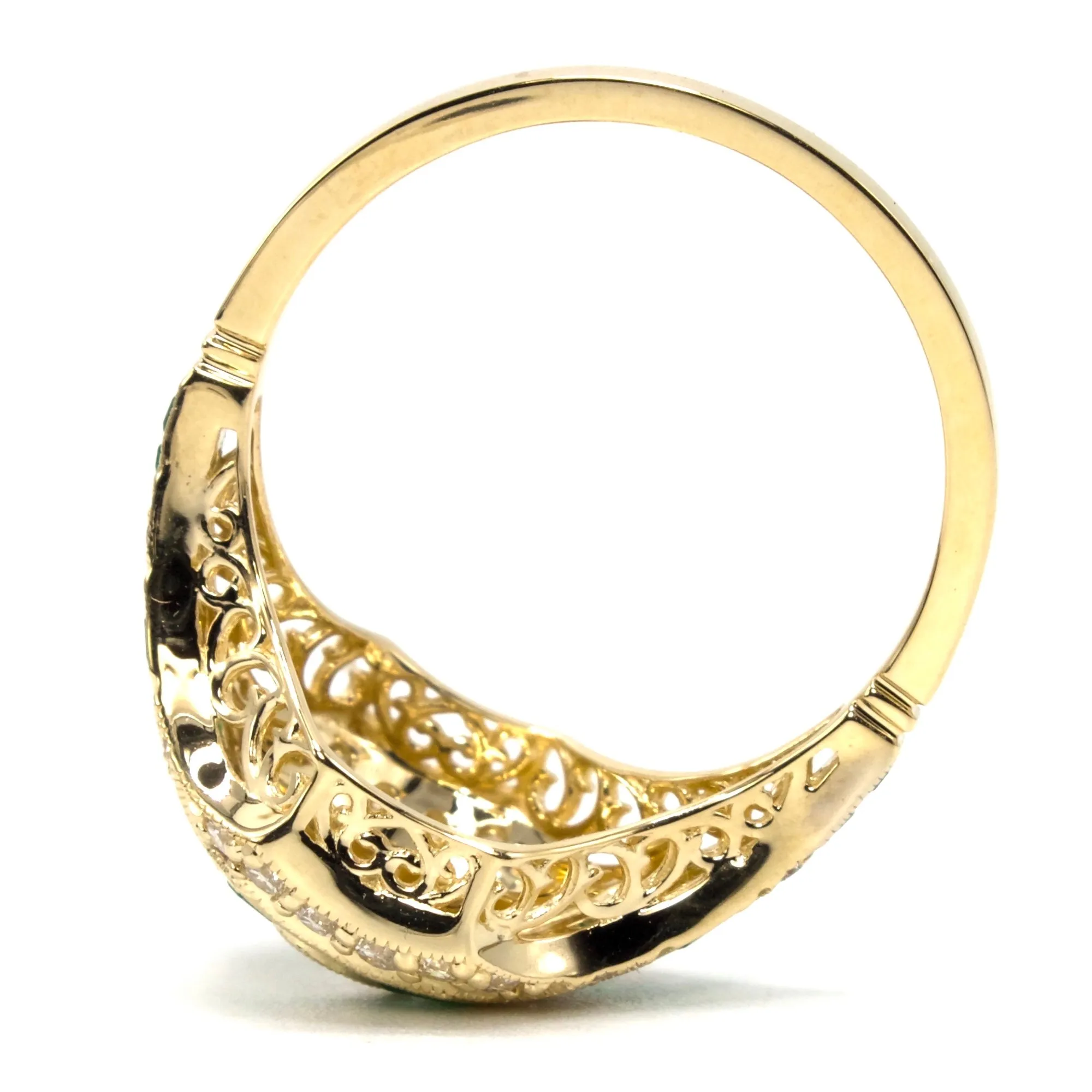 14K Yellow Gold 0.11 Carat European Cut Diamond and Emerald Accented Art Deco Style Ring