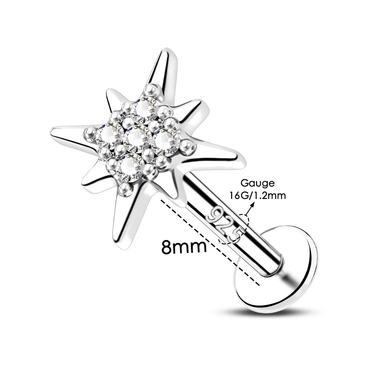 16G 925 Sterling Silver Internally Threaded Octagram Star Labret Stud Cartilage Earring