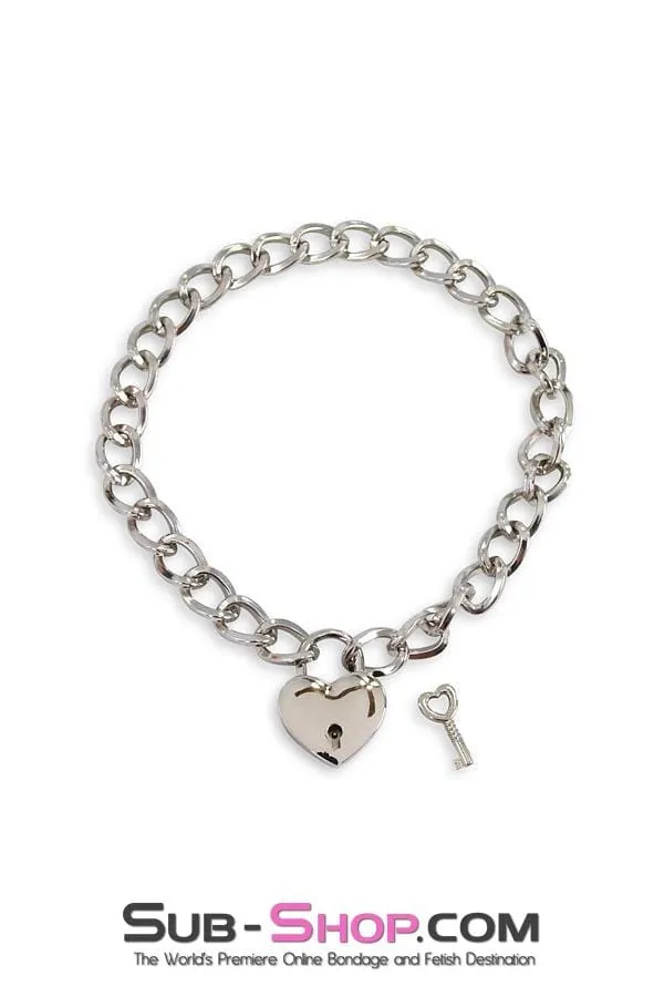 1855RS      Slave Pet 16” Locking Chrome Jeweled Chain Collar with Heart Padlock