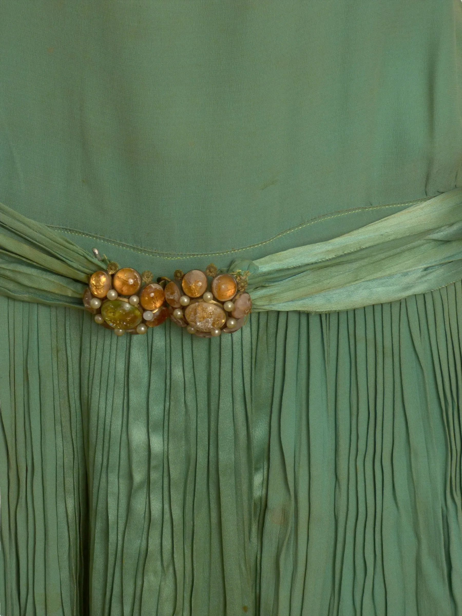 1920s AS IS Green Pleated Silk Flapper Dress, Size 2