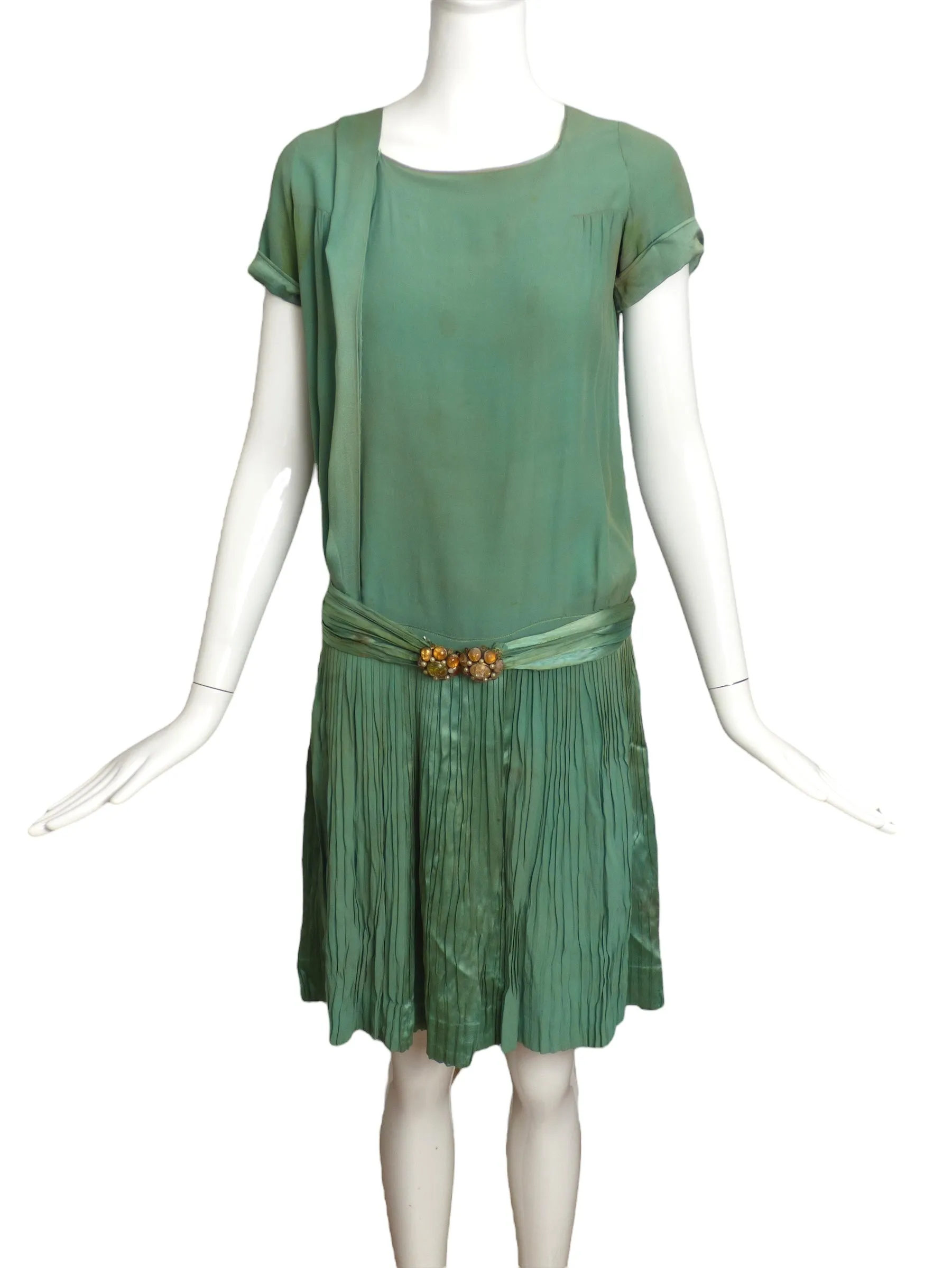 1920s AS IS Green Pleated Silk Flapper Dress, Size 2
