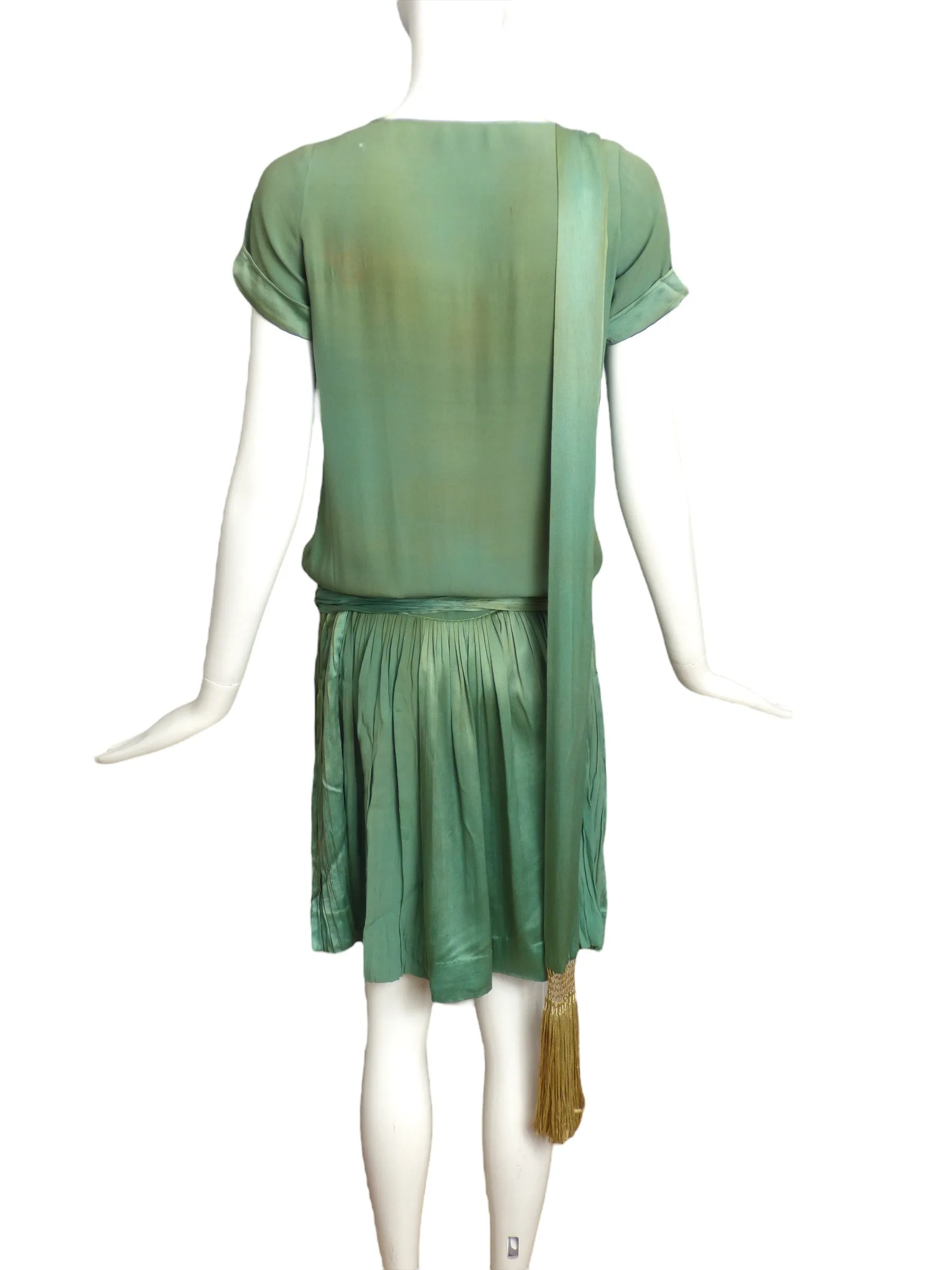 1920s AS IS Green Pleated Silk Flapper Dress, Size 2