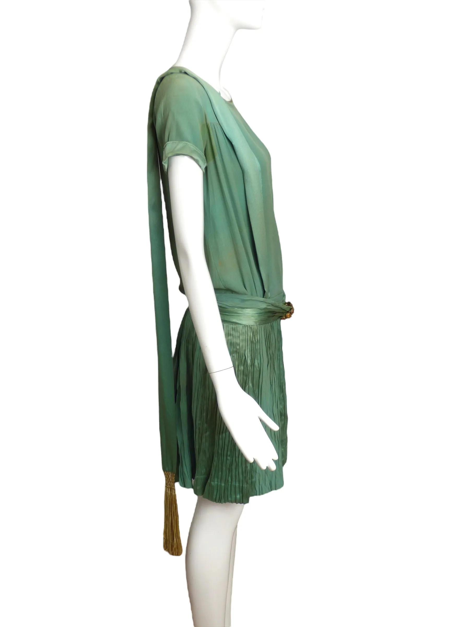 1920s AS IS Green Pleated Silk Flapper Dress, Size 2