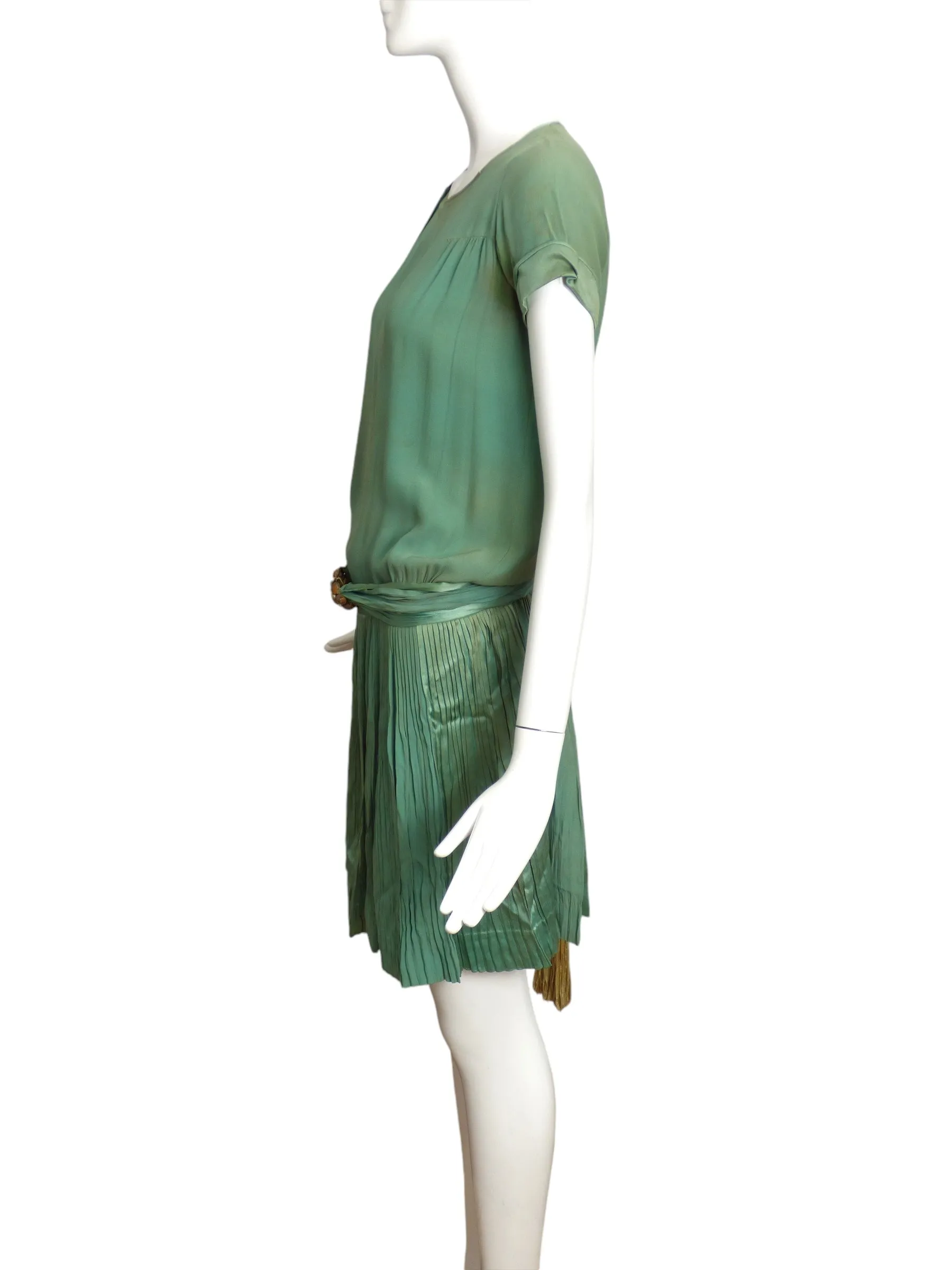 1920s AS IS Green Pleated Silk Flapper Dress, Size 2