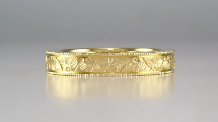 1920's Design Art Deco Yellow Gold Vintage Style Engraved Floral Wedding Ring with Millgrain Edging - 4mm Wide