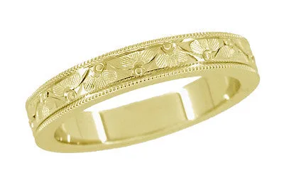1920's Design Art Deco Yellow Gold Vintage Style Engraved Floral Wedding Ring with Millgrain Edging - 4mm Wide