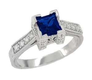 1920's Vintage Inspired Princess Cut Square Blue Sapphire Engagement Ring in 18K White Gold | 3/4 Carat