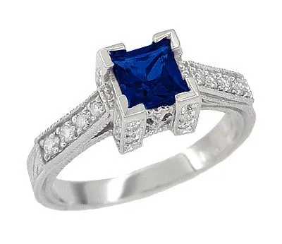 1920's Vintage Inspired Princess Cut Square Blue Sapphire Engagement Ring in 18K White Gold | 3/4 Carat