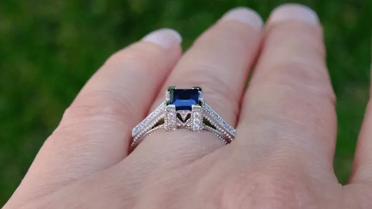 1920's Vintage Inspired Princess Cut Square Blue Sapphire Engagement Ring in 18K White Gold | 3/4 Carat