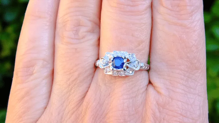 1920's Vintage Style Sapphire and Diamond Art Deco Platinum Shield Engagement Ring