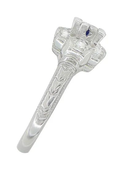 1920's Vintage Style Sapphire and Diamond Art Deco Platinum Shield Engagement Ring