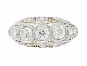 1930's Art Deco 1.16 CTW Diamond Platinum Three Stone Dinner Ring