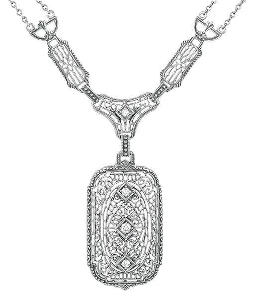 1930's Filigree Art Deco Lavalier Pendant Drop Necklace in Sterling Silver