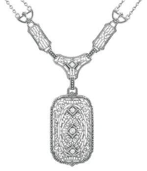 1930's Filigree Art Deco Lavalier Pendant Drop Necklace in Sterling Silver