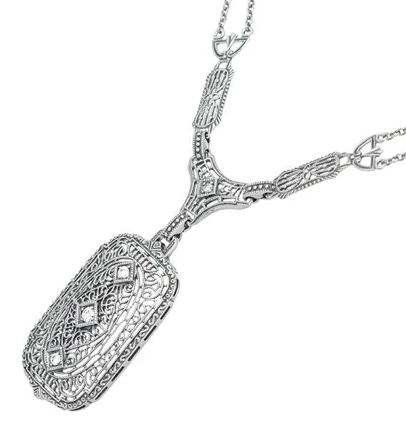 1930's Filigree Art Deco Lavalier Pendant Drop Necklace in Sterling Silver