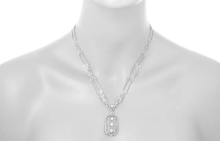 1930's Filigree Art Deco Lavalier Pendant Drop Necklace in Sterling Silver