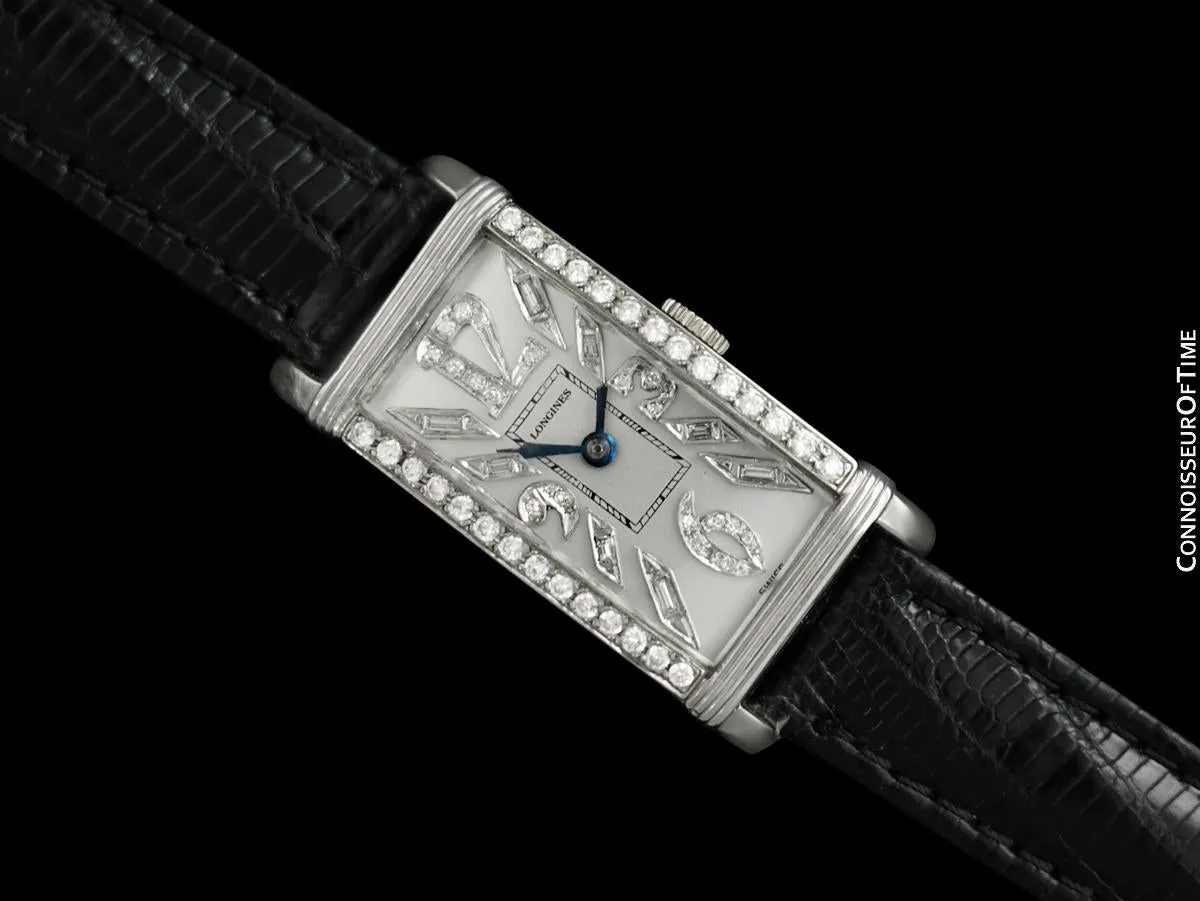 1940 Longines Vintage Mens Large Art Deco Watch - Platinum & Diamonds