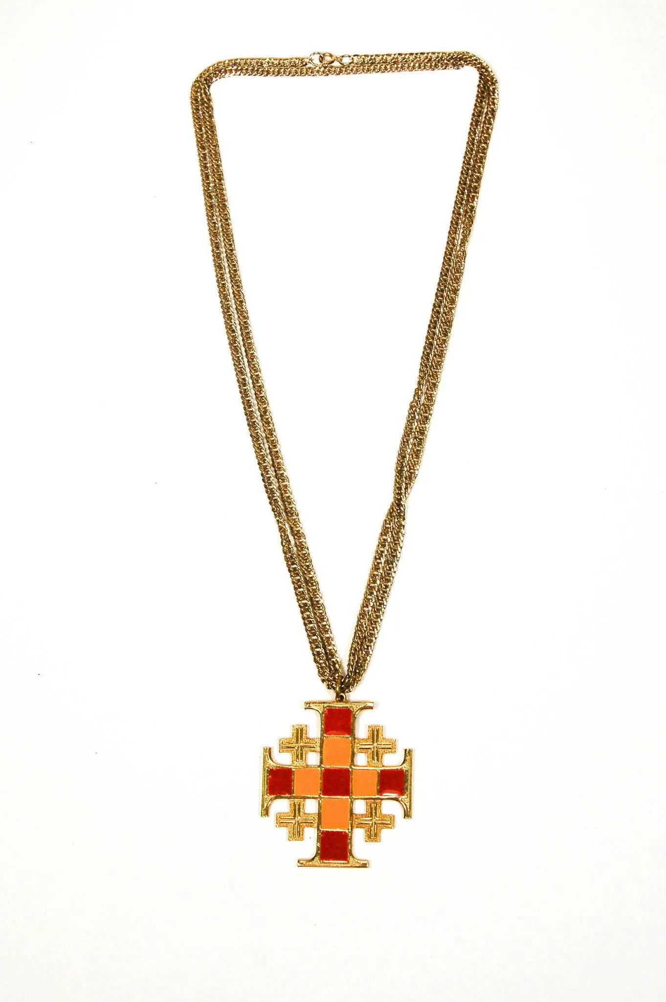 1960s Art Mode Mod Maltese Cross Statement Necklace in Gold, Red, and Orange
