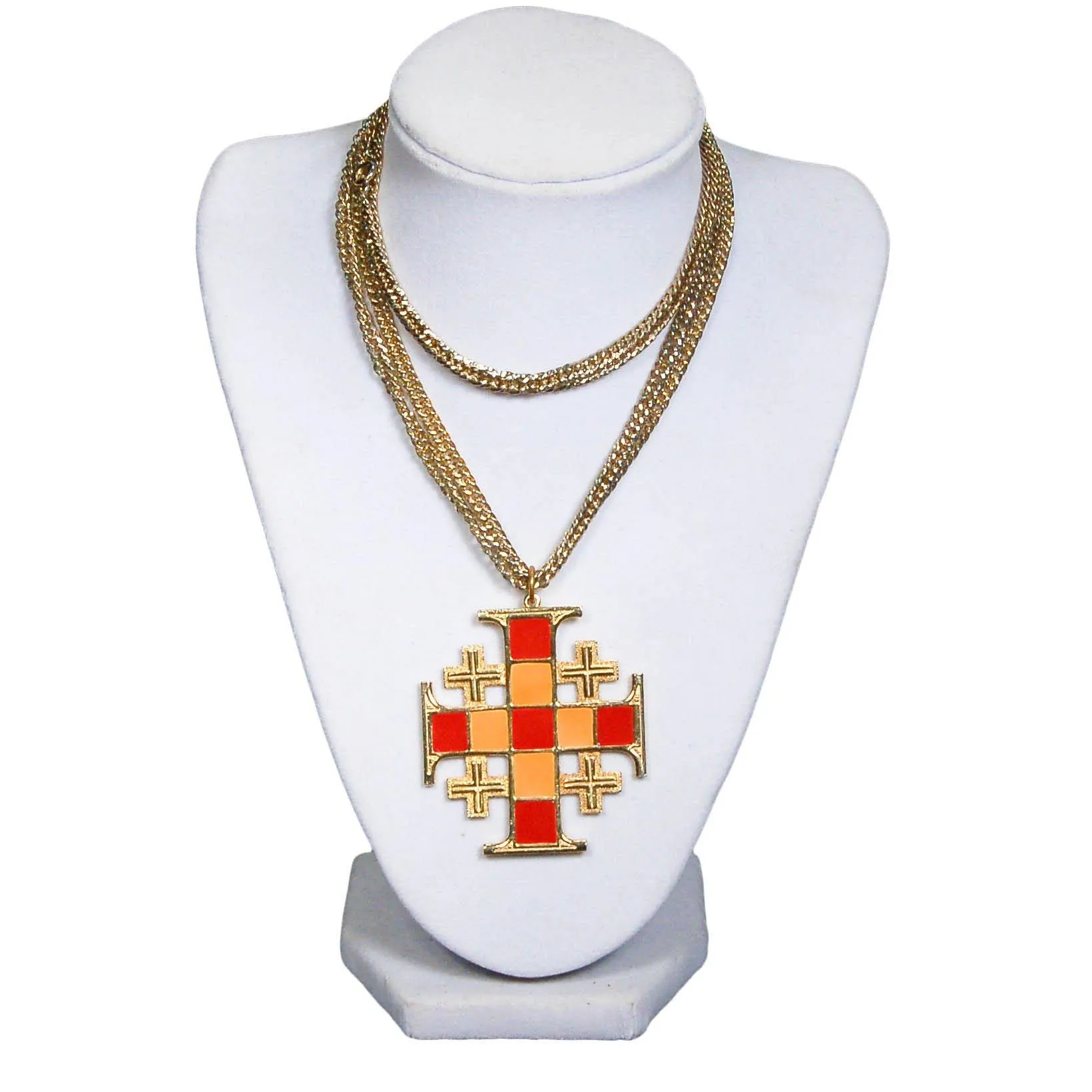 1960s Art Mode Mod Maltese Cross Statement Necklace in Gold, Red, and Orange