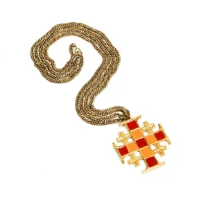 1960s Art Mode Mod Maltese Cross Statement Necklace in Gold, Red, and Orange