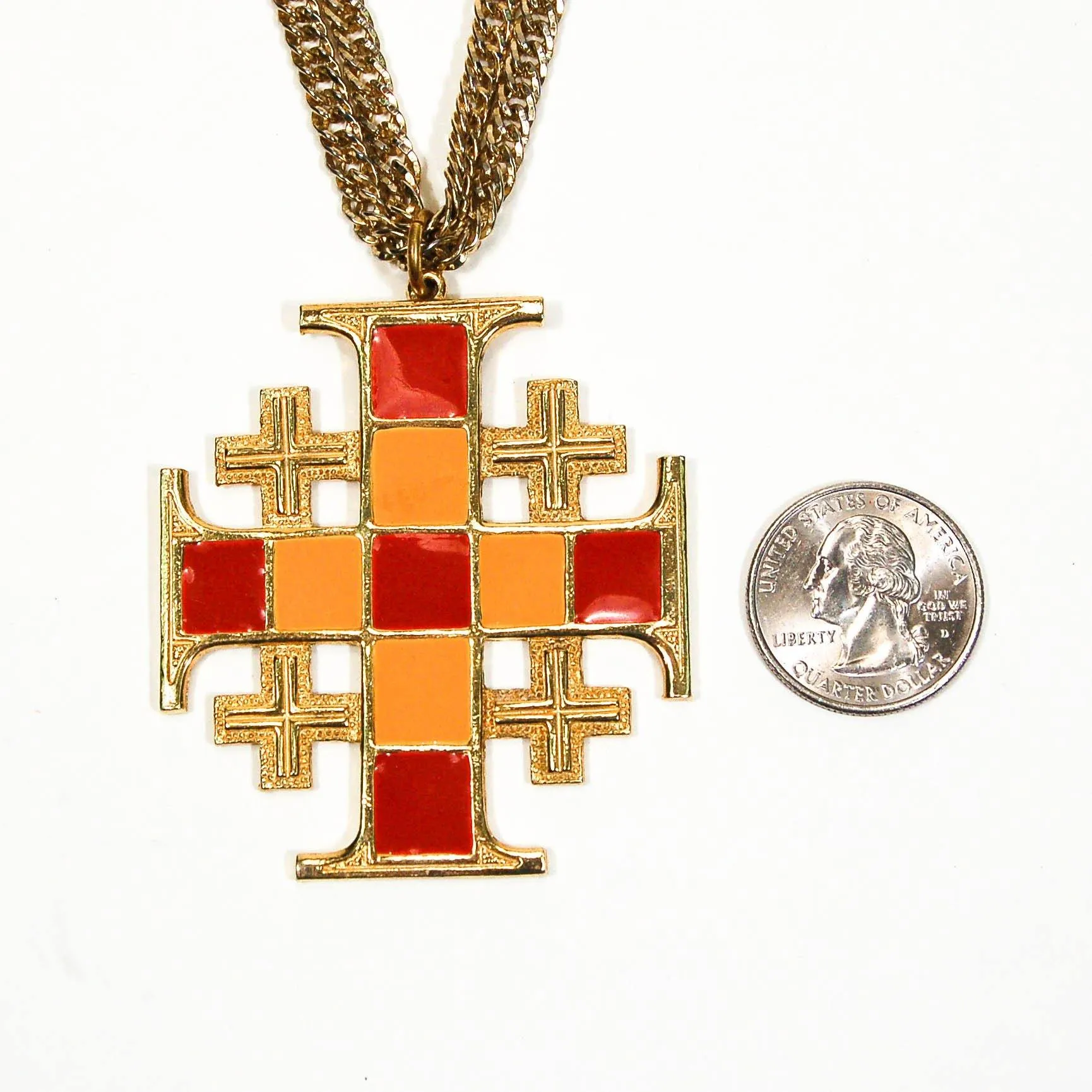 1960s Art Mode Mod Maltese Cross Statement Necklace in Gold, Red, and Orange