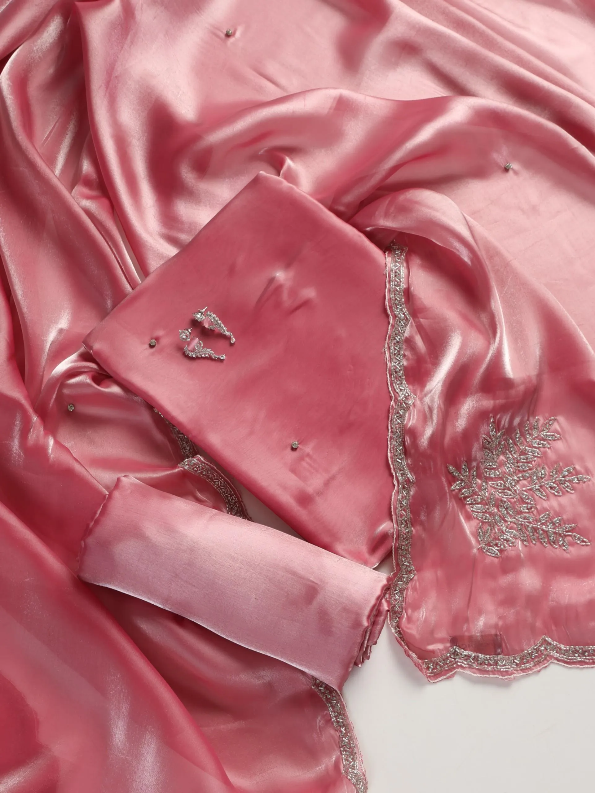3 pc Unstitched Suit SET - Pink Organza Beaded Kurta and Plain Pyjama with Heavy Hand Beaded Dupatta