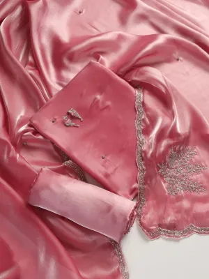3 pc Unstitched Suit SET - Pink Organza Beaded Kurta and Plain Pyjama with Heavy Hand Beaded Dupatta