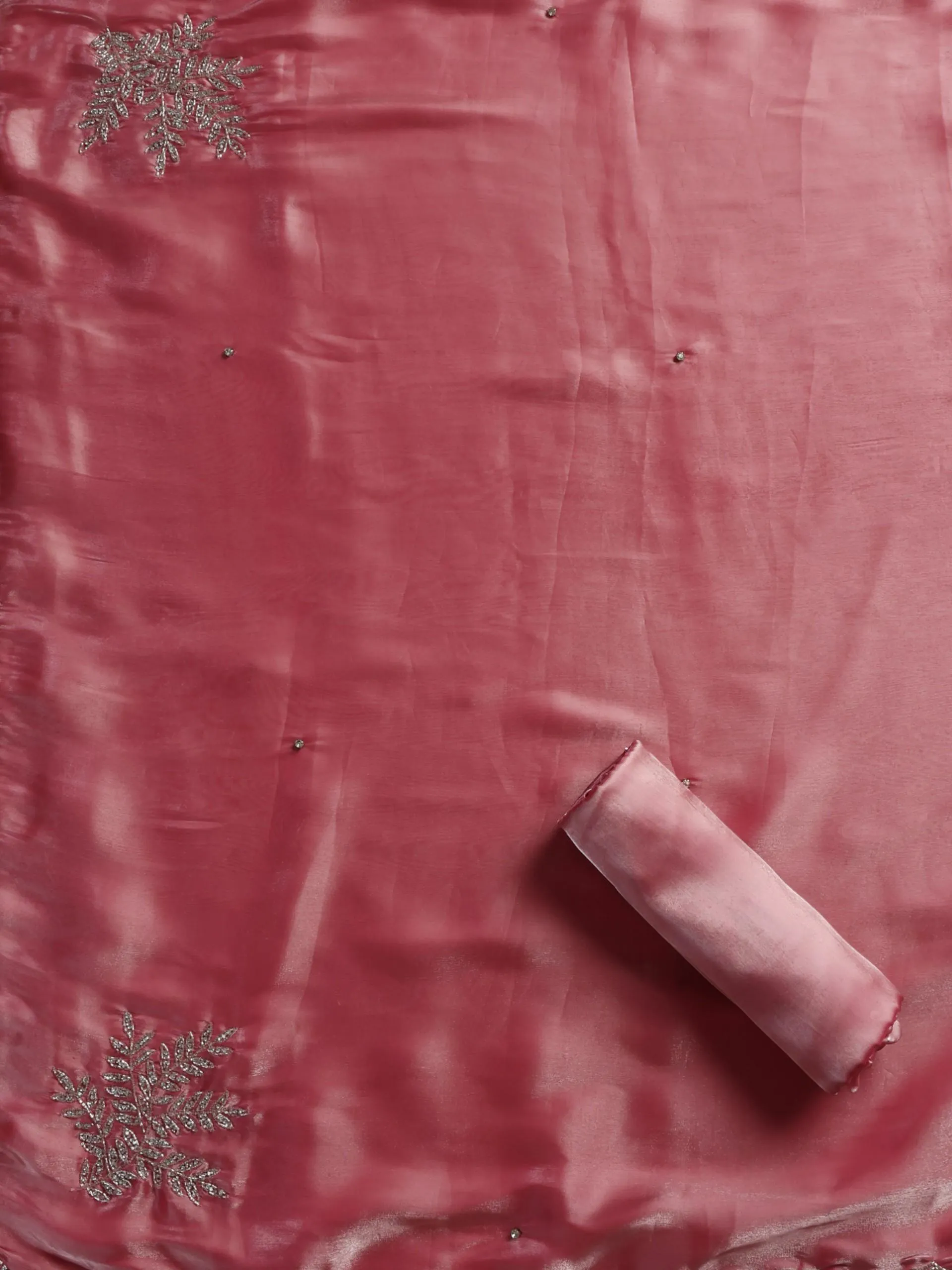 3 pc Unstitched Suit SET - Pink Organza Beaded Kurta and Plain Pyjama with Heavy Hand Beaded Dupatta