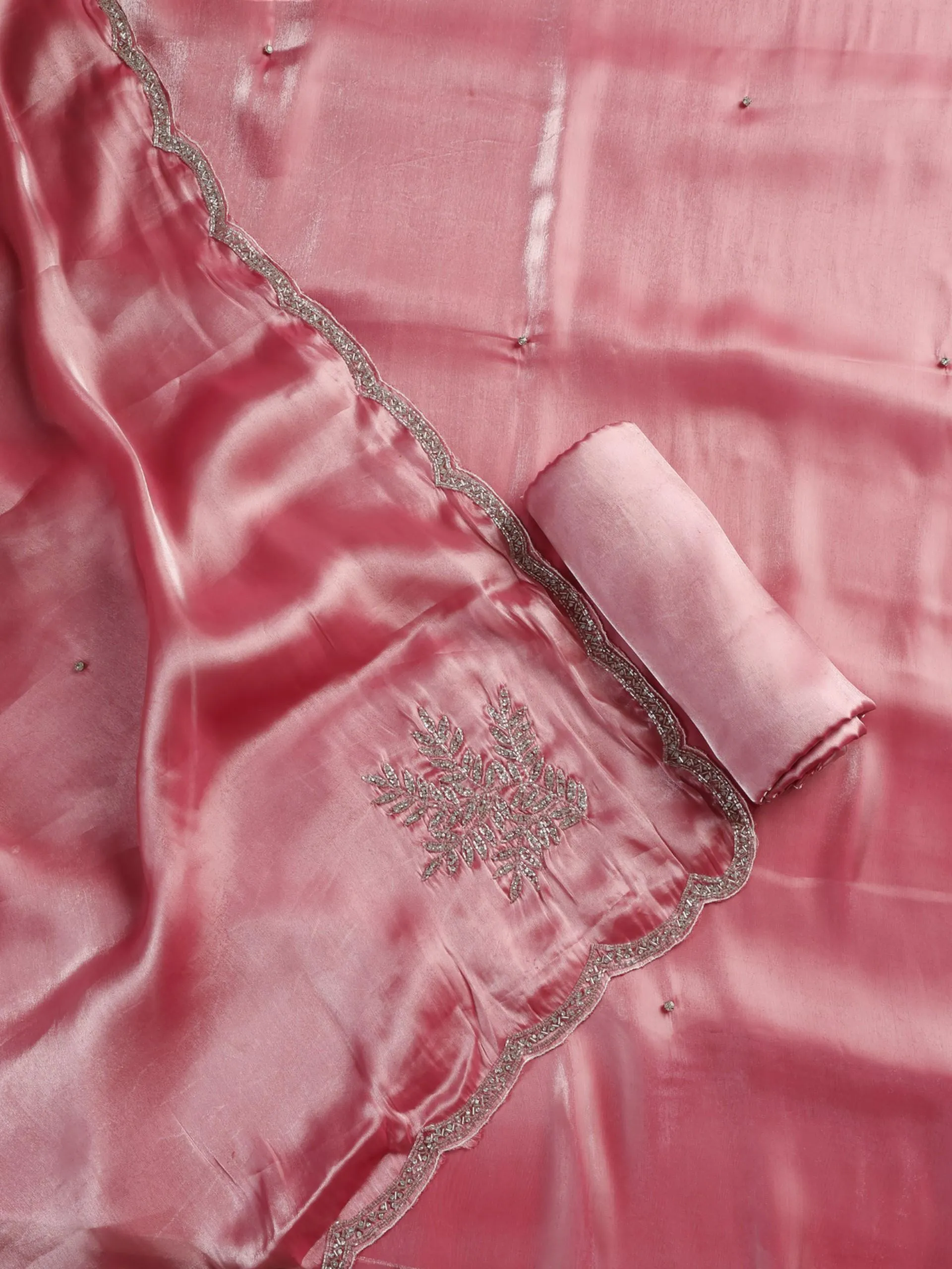 3 pc Unstitched Suit SET - Pink Organza Beaded Kurta and Plain Pyjama with Heavy Hand Beaded Dupatta