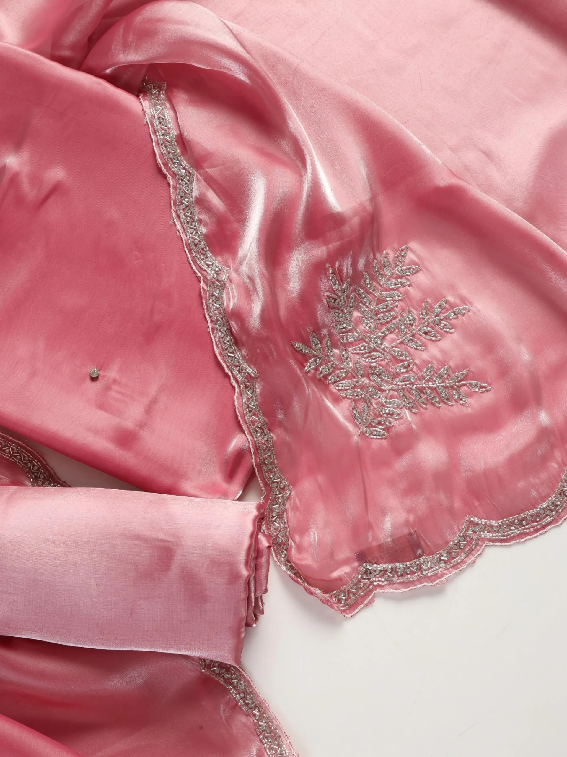 3 pc Unstitched Suit SET - Pink Organza Beaded Kurta and Plain Pyjama with Heavy Hand Beaded Dupatta