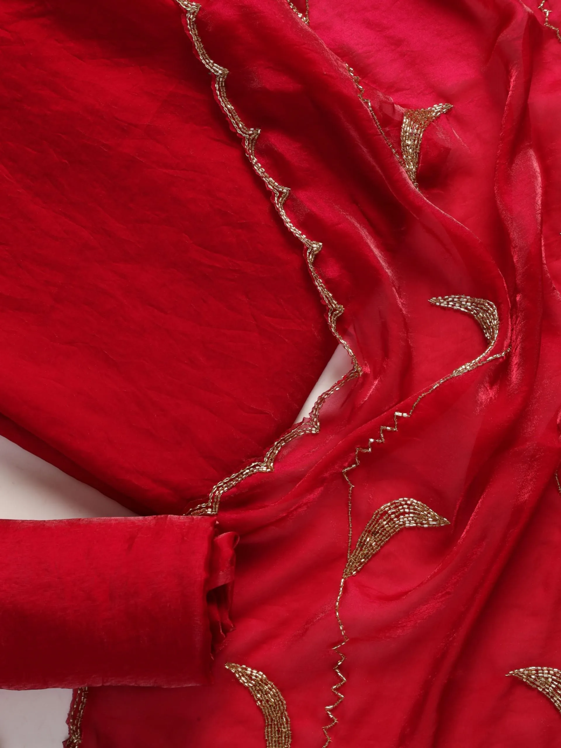 3 pc Unstitched Suit SET - Red Pink Metallic Satin Kurta and Pyjama with Heavy Hand Beaded Dupatta