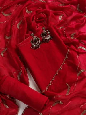 3 pc Unstitched Suit SET - Red Pink Metallic Satin Kurta and Pyjama with Heavy Hand Beaded Dupatta