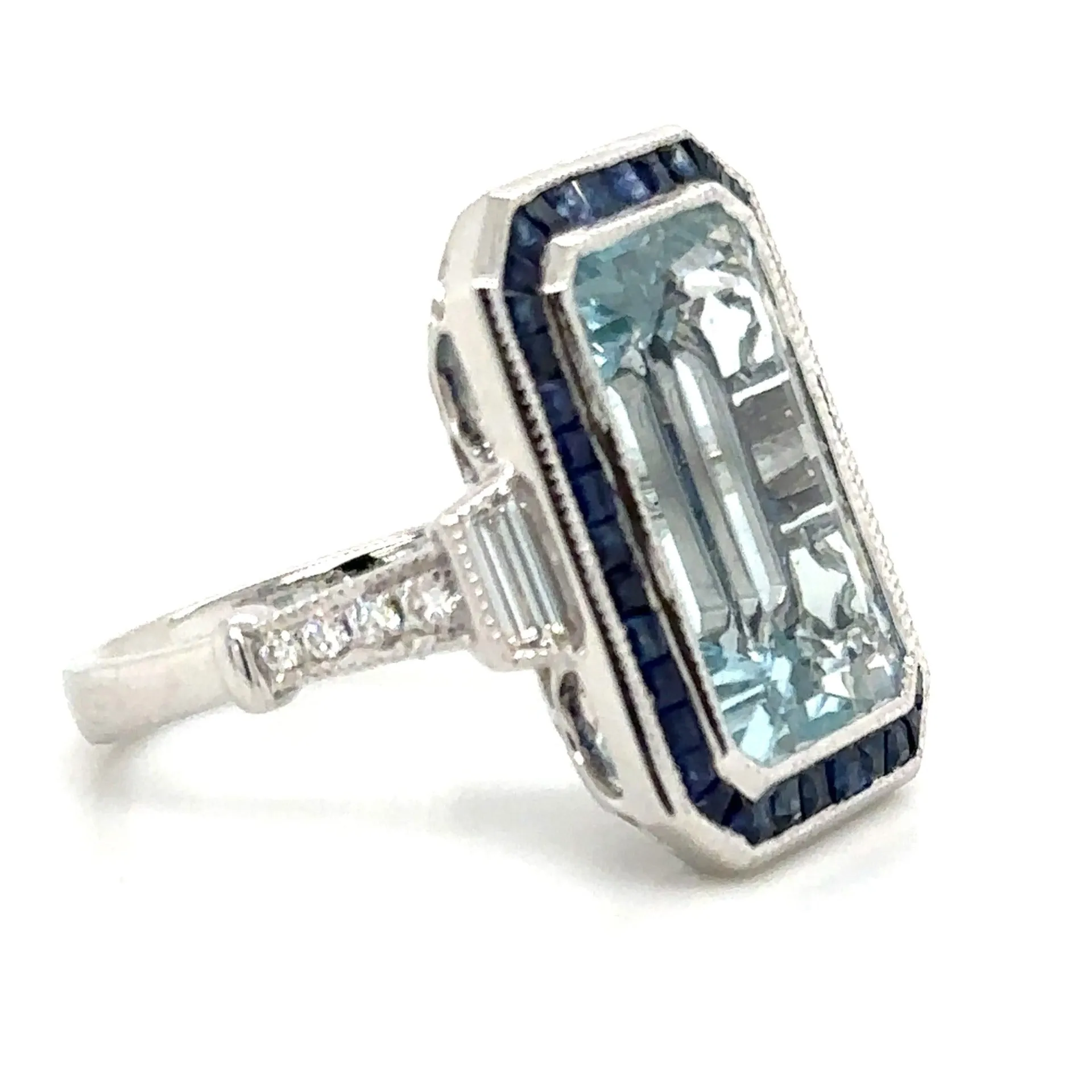 8.80ct tw Aquamarine, Sapphire and Diamond Art - Deco Style Octagon Ring