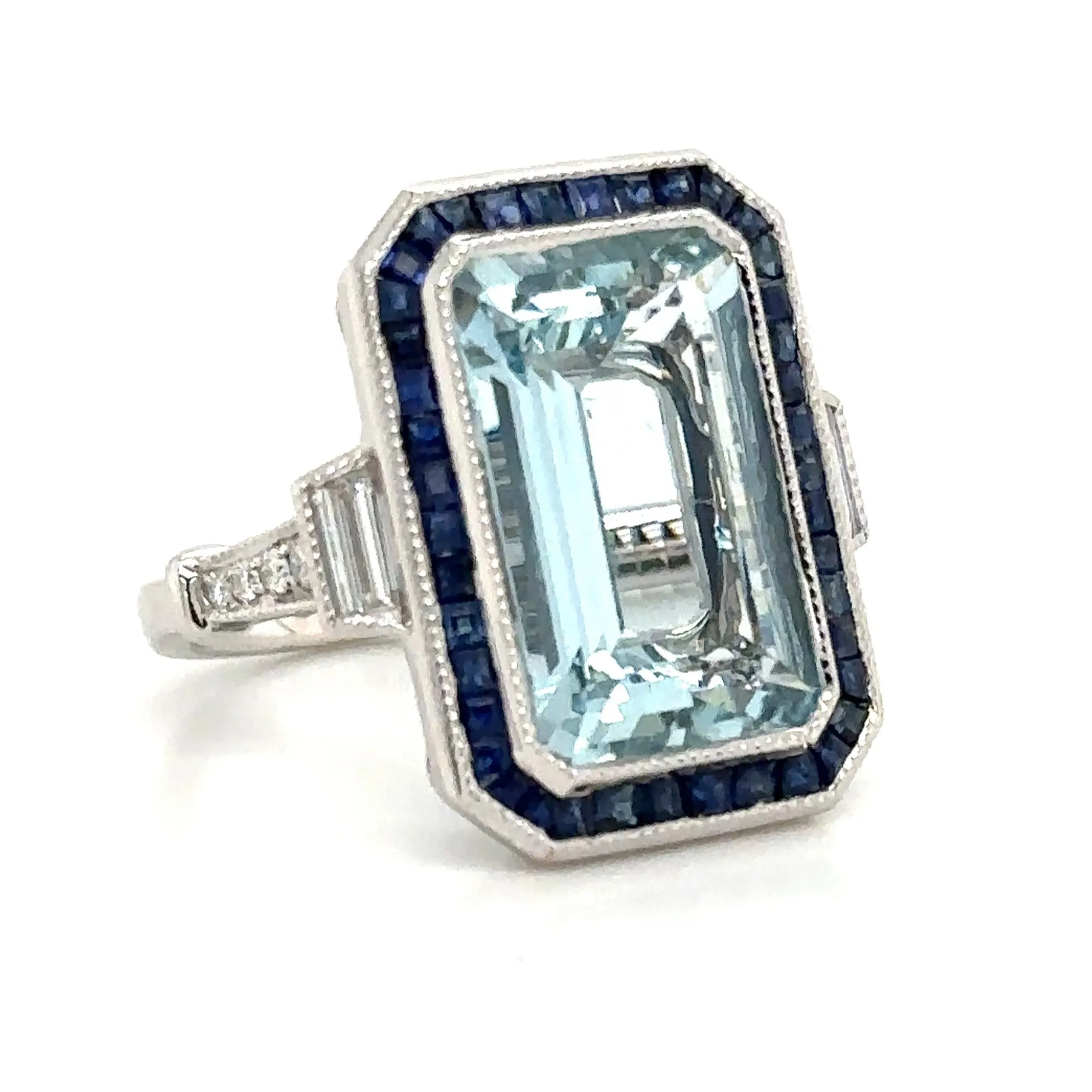 8.80ct tw Aquamarine, Sapphire and Diamond Art - Deco Style Octagon Ring