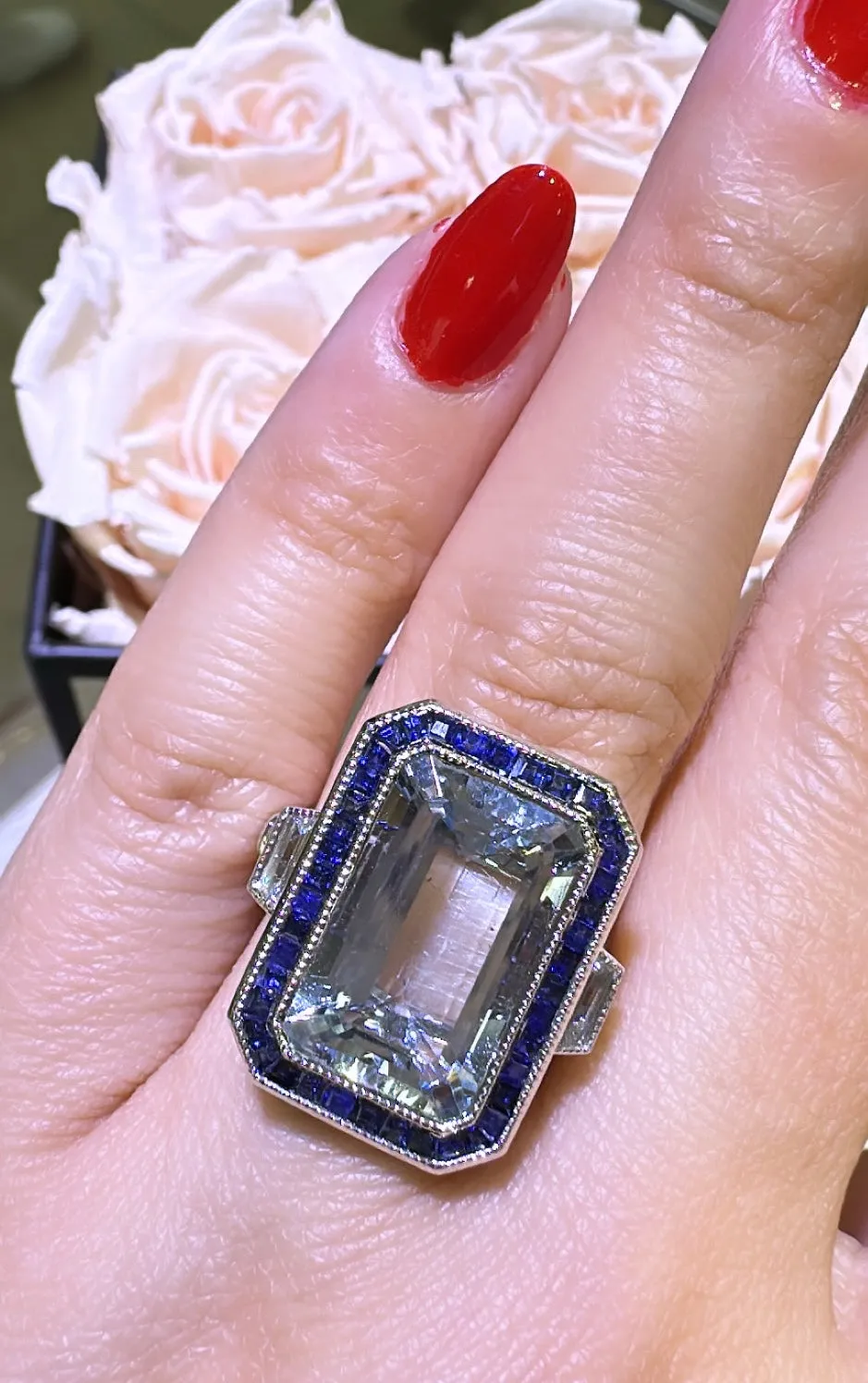 8.80ct tw Aquamarine, Sapphire and Diamond Art - Deco Style Octagon Ring