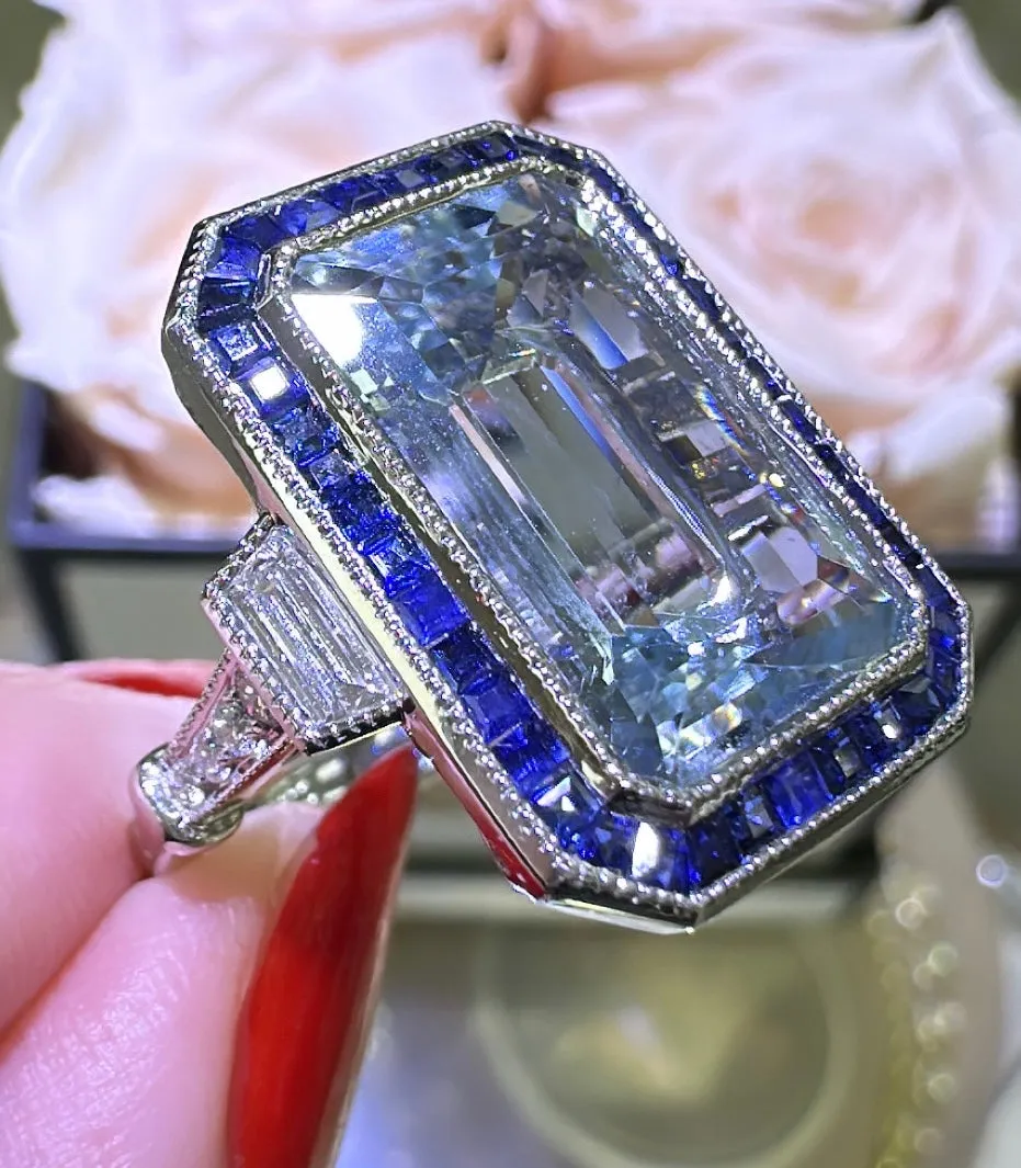 8.80ct tw Aquamarine, Sapphire and Diamond Art - Deco Style Octagon Ring